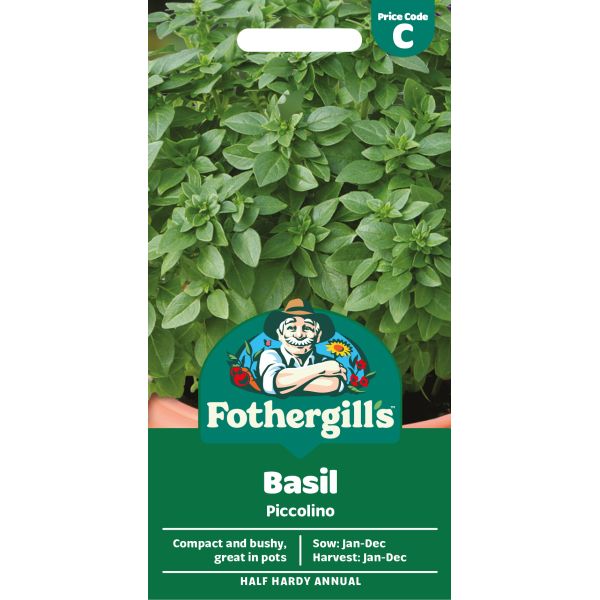 Fothergills Basil Piccolino seed packet with green background and brand logo.