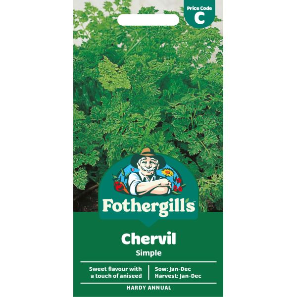Fothergills chervil seed packet with green leaves on a white background