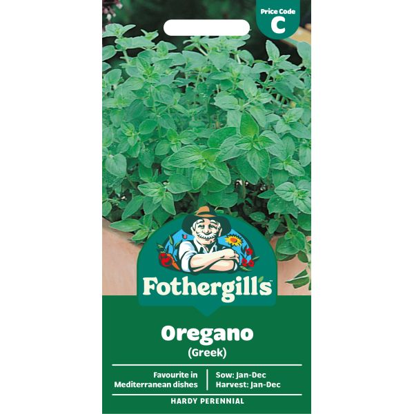 Fothergills oregano seed packet with green leaves and brand logo.