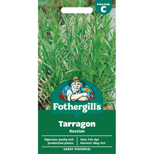 Fothergills Tarragon Russian seed packet with green background and brand logo.