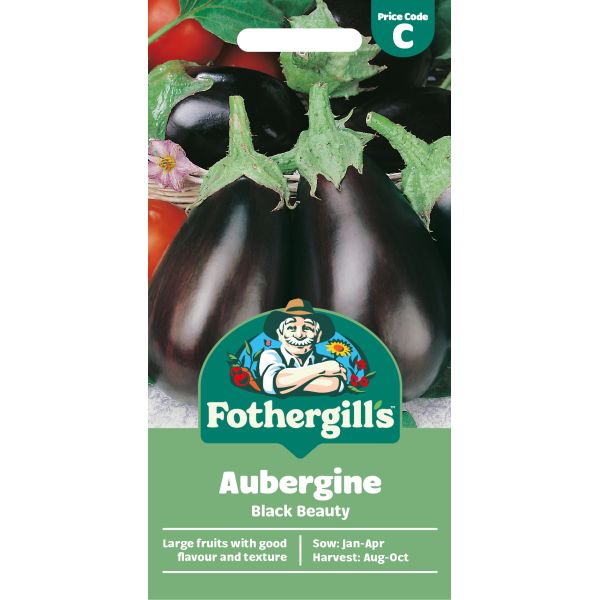 Fothergills aubergine seed packet with images of aubergines and tomatoes on a white background