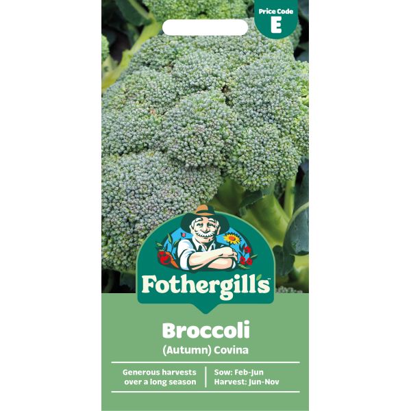 Fothergills broccoli seed packet with a green background and broccoli image.