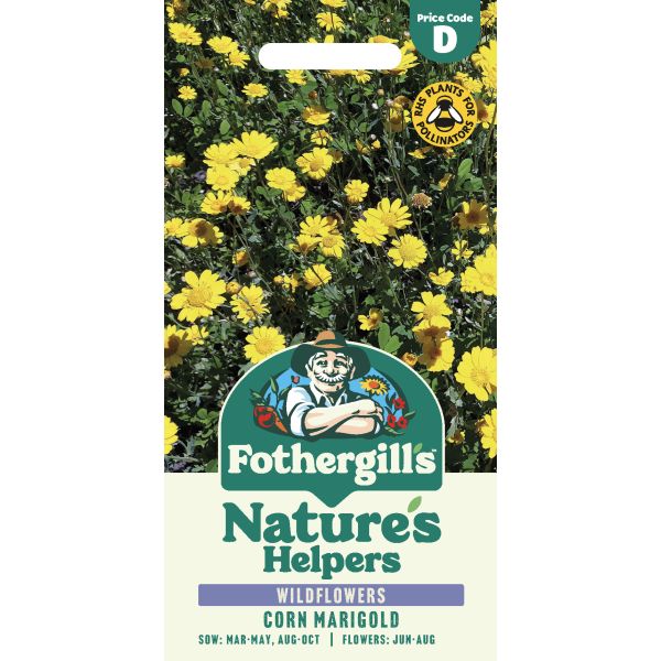 Fothergills Nature's Helpers wildflower seed packet with corn marigold flowers on a white background