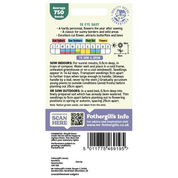 Seeds packet label for Ox Eye Daisy with planting instructions and Fothergill's branding.