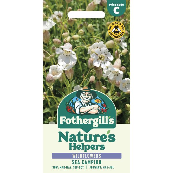 Fothergills Nature's Helpers wildflower seed packet with sea campion flowers on a white background