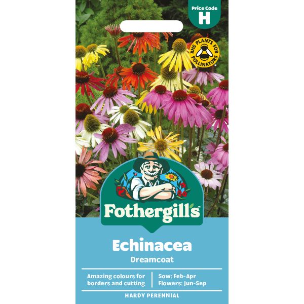 Fothergills Echinacea Dreamcoat seed packet with colorful flowers in the background