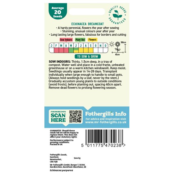 Seeds packet label for Echinacea Dreamcoat with planting instructions and QR code.
