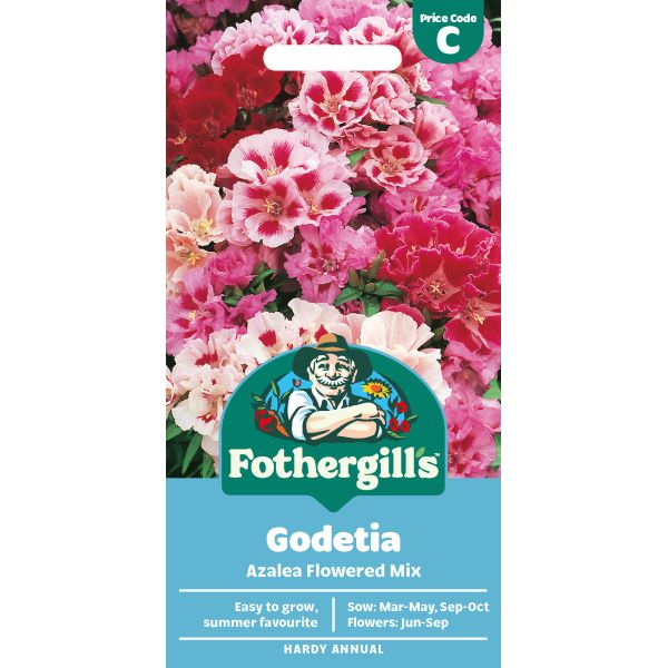 Fothergill's Godetia Azalea Flowered Mix seed packet with colorful flowers on a white background
