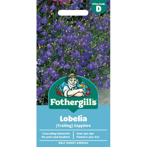 Fothergill's Lobelia Sapphire seed packet with blue flowers on a white background