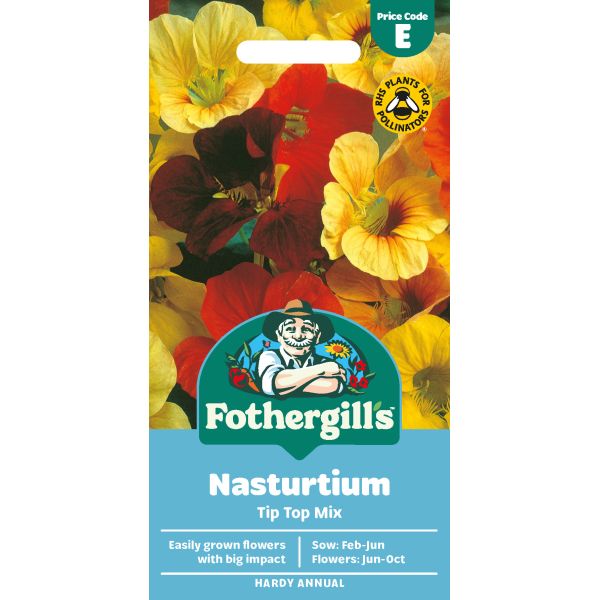 Fothergill's Nasturtium seed packet with colorful flowers on a white background