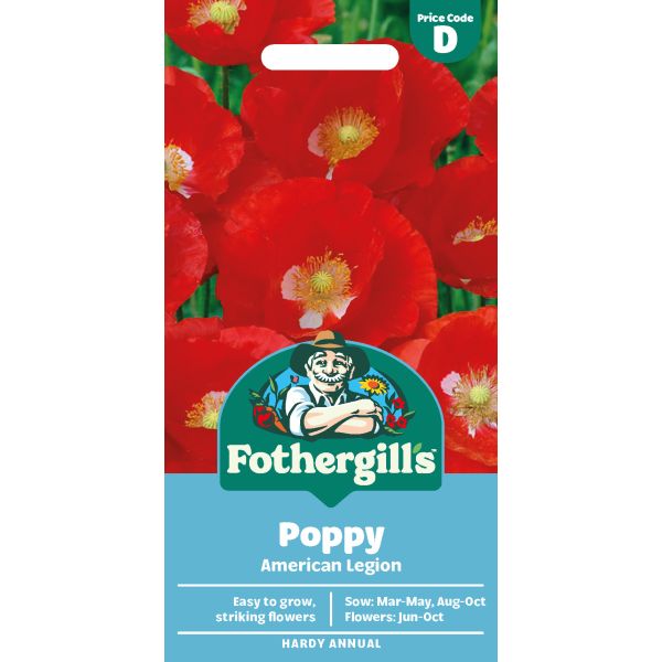 Fothergills Poppy American Legion seed packet with red flowers on a white background