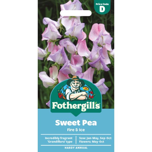 Fothergills sweet pea seed packet with pink and white flowers on a white background
