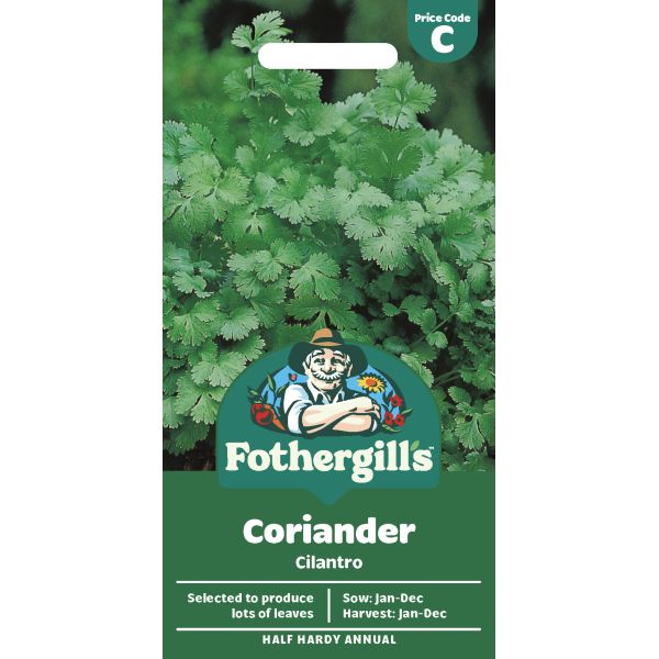 Fothergills coriander seed packet with green leaves on a white background