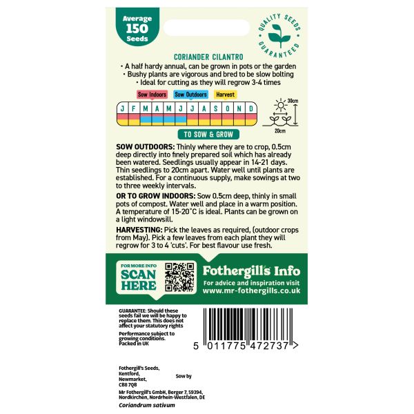 Seeds packet for Coriander Cilantro with planting instructions and Fothergills branding.