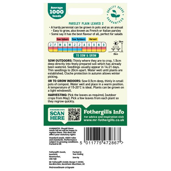 Seeds packet for parsley with planting instructions and Fothergills branding.