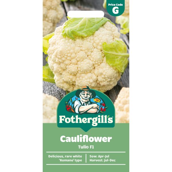 Fothergills cauliflower seed packet with a cauliflower image on a white background