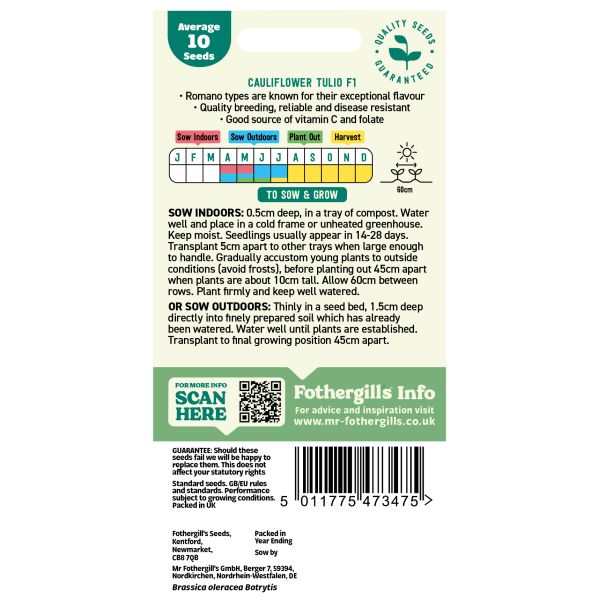 Seeds packet label for cauliflower with planting instructions and Fothergills branding