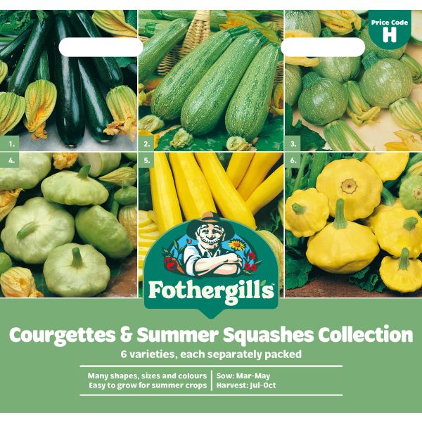 Fothergills Courgettes & Summer Squashes Collection packaging with images of zucchinis, summer squashes, and text.