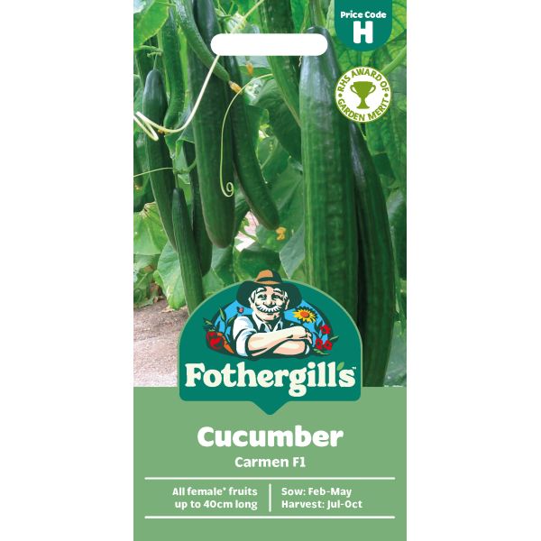 Fothergills cucumber seed packet with green cucumbers in the background