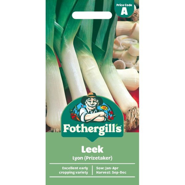Fothergills leek seed packet with green background and leeks on a white background