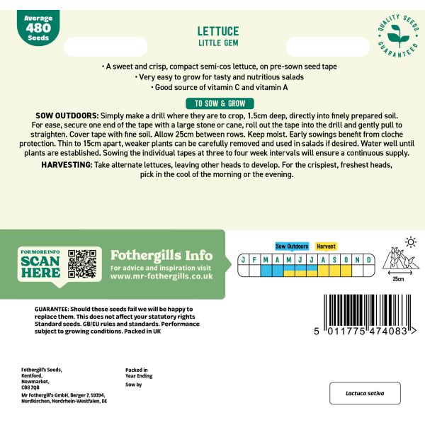 Lettuce seed packet with planting instructions and product details on a white background