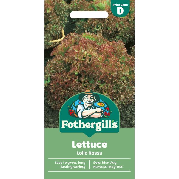 Fothergills Lettuce Lollo Rossa seed packet with green background and brand logo.