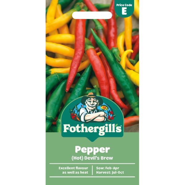 Fothergills Pepper (Hot) Devil's Brew seed packet with colorful peppers in the background