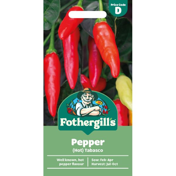 Fothergills Pepper (Hot) Tabasco seed packet with red peppers on a white background