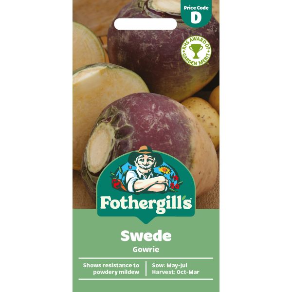 Fothergills Swede Gowrie seed packet with swedes in the background
