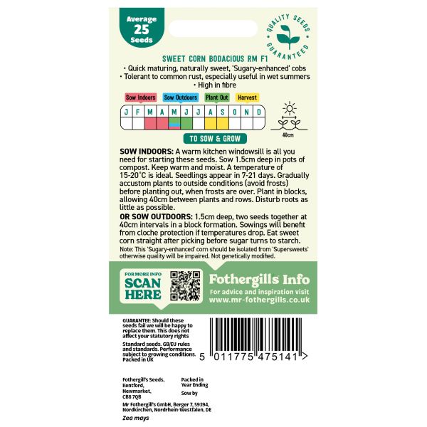 Seed packet for sweet corn with planting instructions and product details.