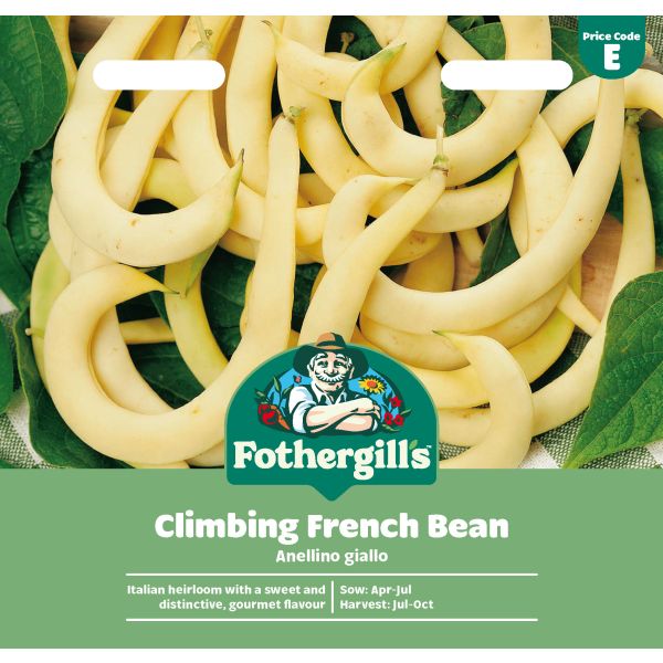 Fothergills Climbing French Bean seed packet with beans and leaves on a green background