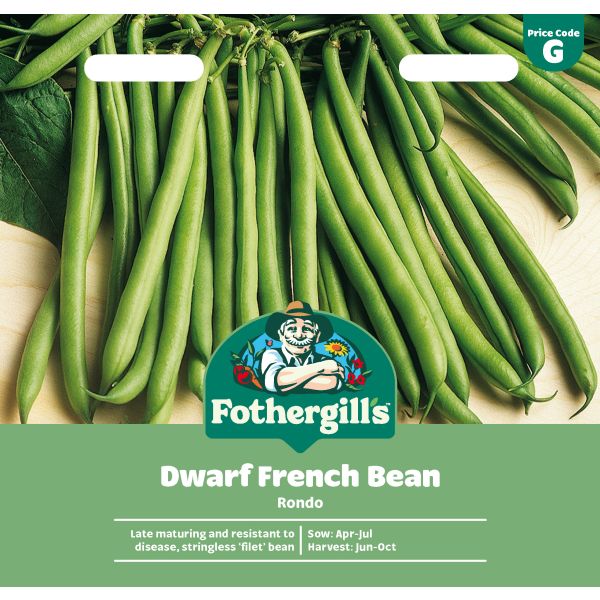 Fothergill's Dwarf French Bean Rondo packaging with green beans on a beige background