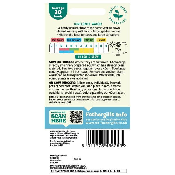 Seeds packet with planting instructions and product details on a white background