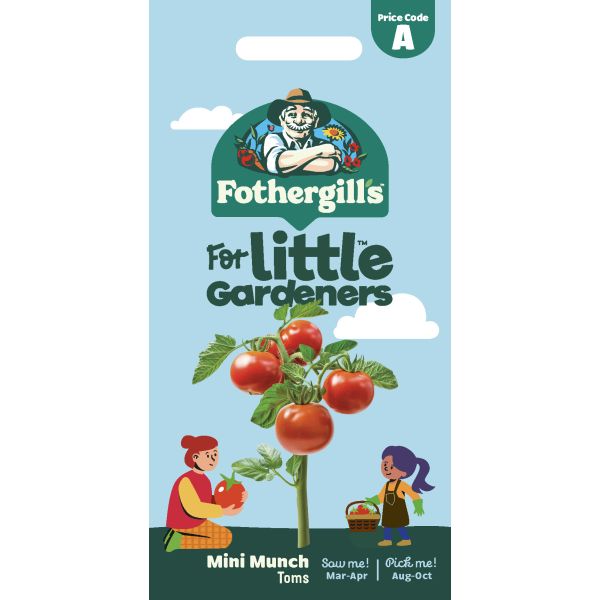 Fothergill's seed packet for 'For Little Gardeners' with illustrations of children and tomatoes on a blue background.