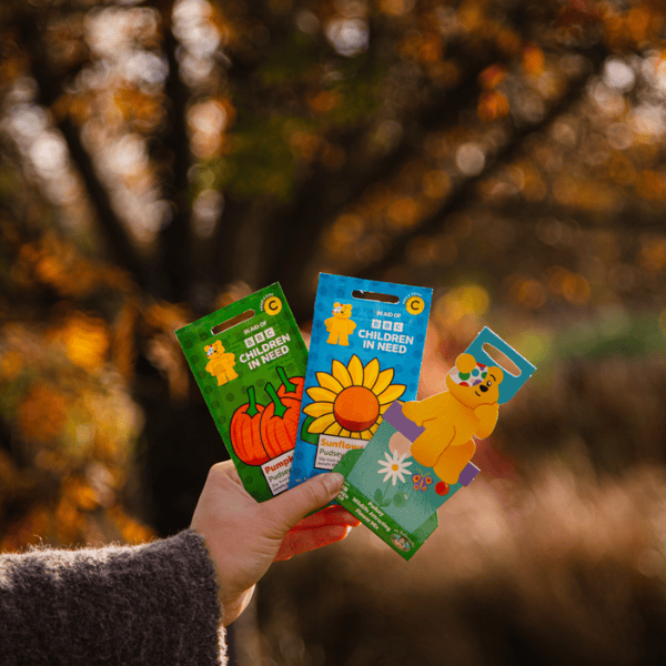 Three colourful packages held by a person against a blurred autumn background