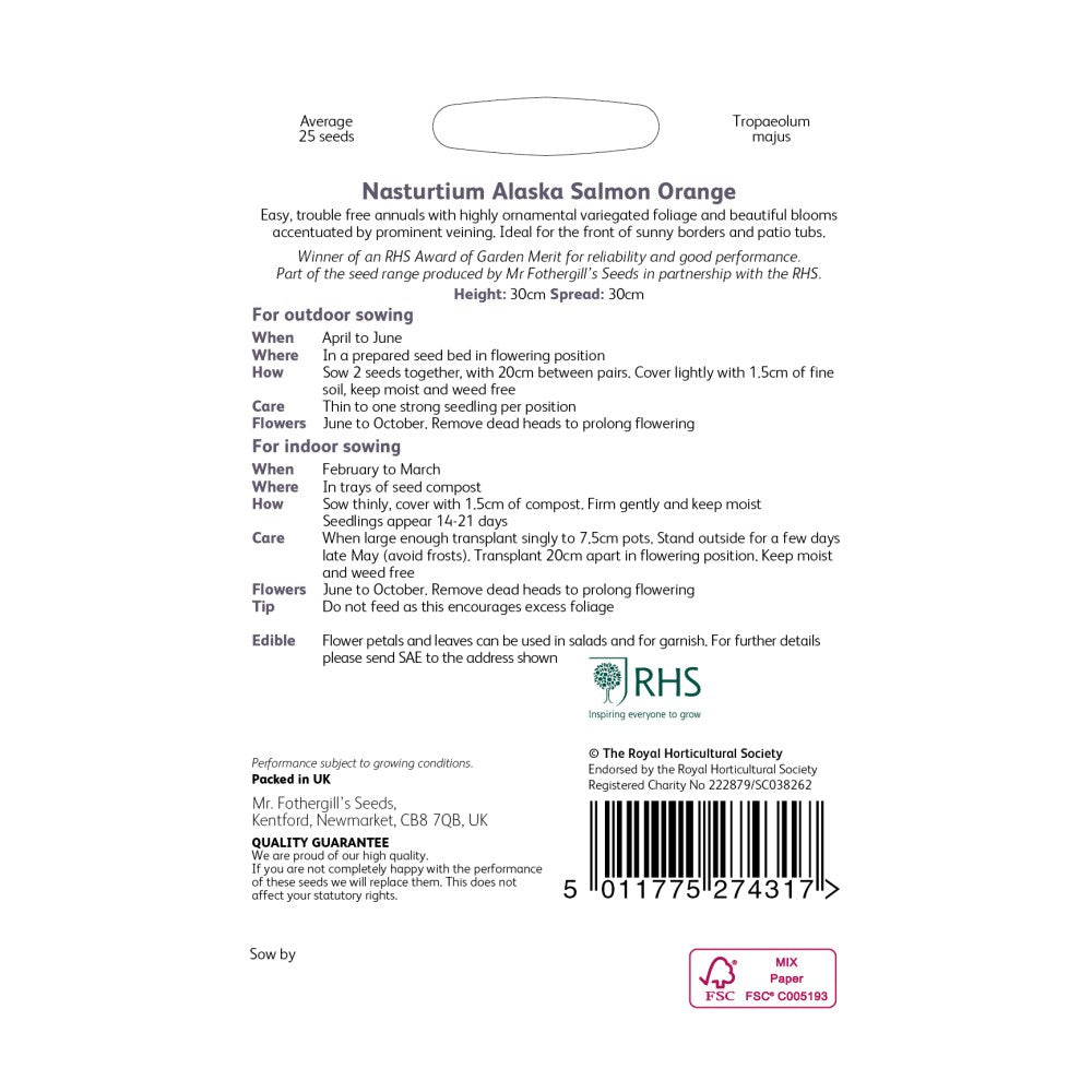 RHS Nasturtium Alaska Salmon Orange Seeds