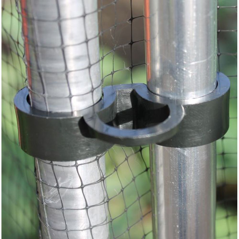 Metal fence post with a black plastic clip on a green mesh background